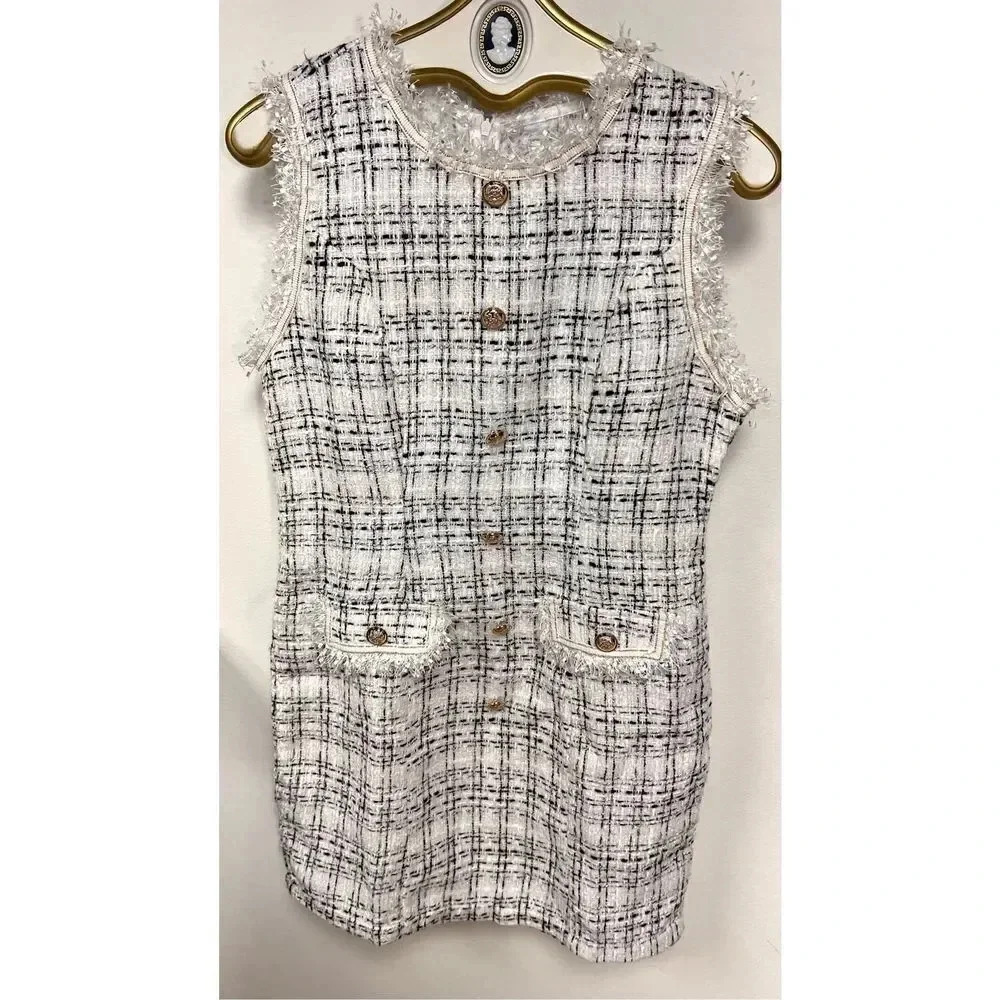 Shein Womens Black White Gold Buttons Plaid Essnce Tweed Mini Dress Size 8/10